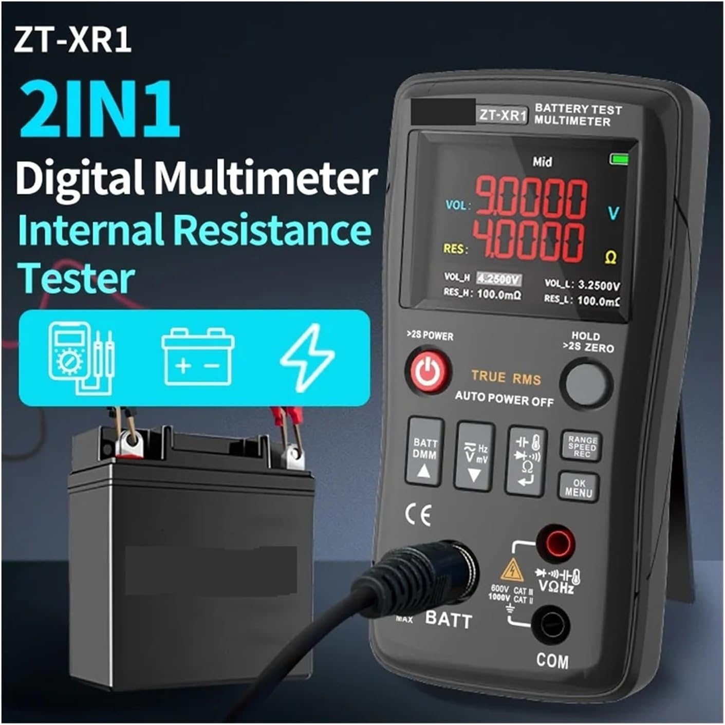 ZTXR1 4.5 Digit Internal Resistance Tester Multimeter 2-in-1 for 18650 Li-ion Lead Acid Battery Analyzer(ZTXR1 package2)