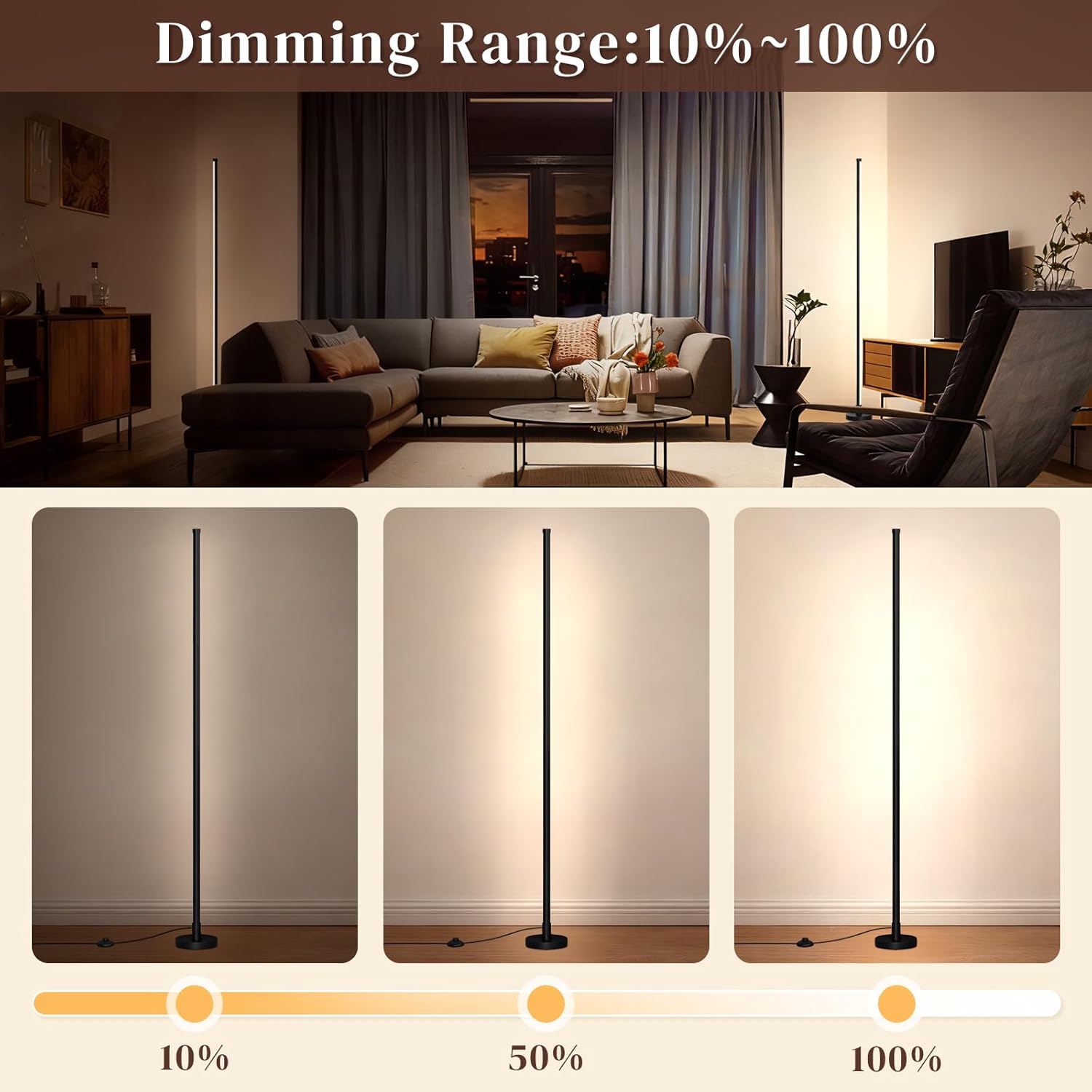 Corner Lamp, Minimalist Floor lamp with Remote Control, Dimmable Corner Light,Corner Floor Lamp for Living Room, Bedroom, Home Office, 7 Color Temperature 3000K-6000K (black-56.7in, 1 Pack)