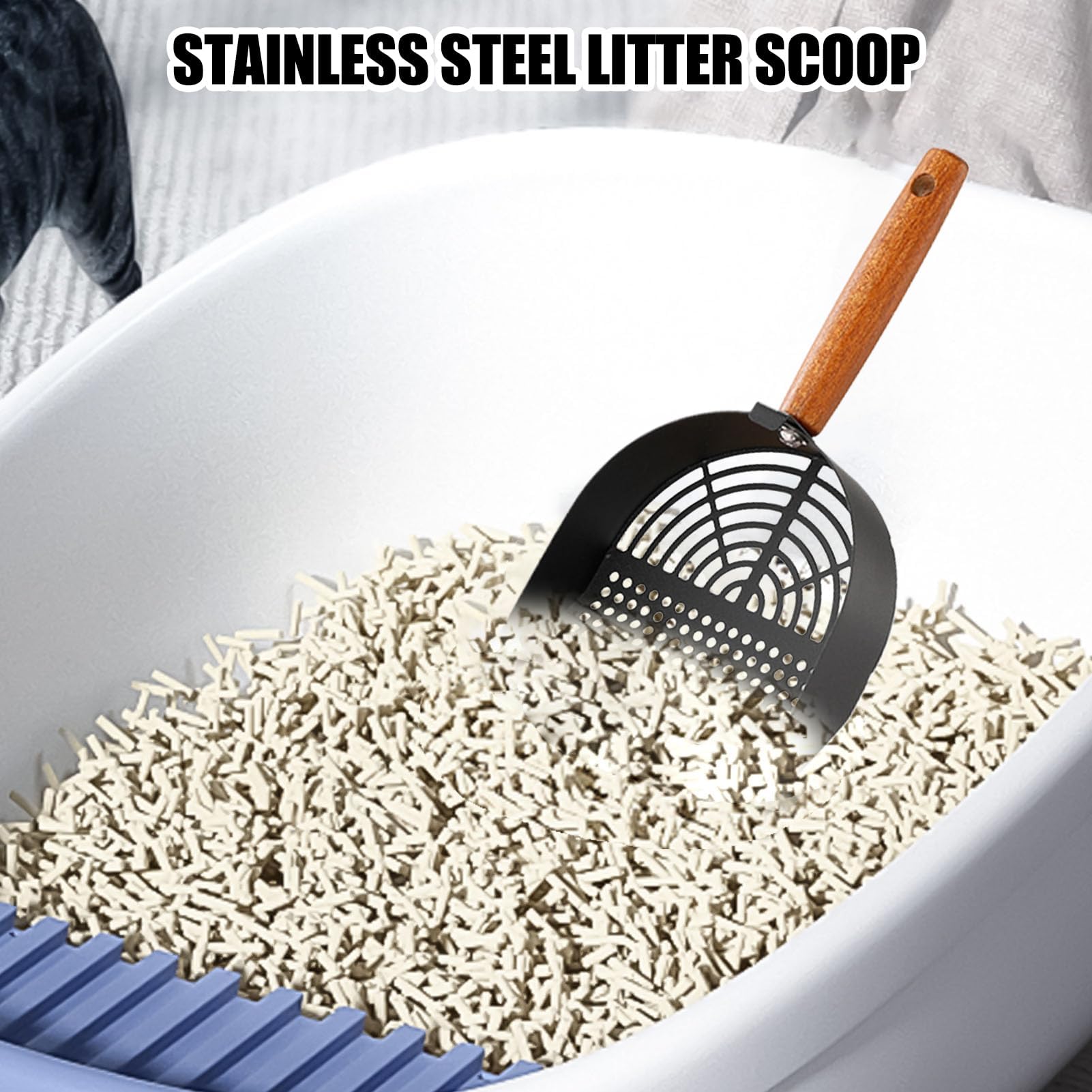 Katzenstreu-Schaufel, Rostfreies Edelstahl-Sieb, tragbares Sieb mit ergonomischem, langem Griff, Haustierzubehör(Black)