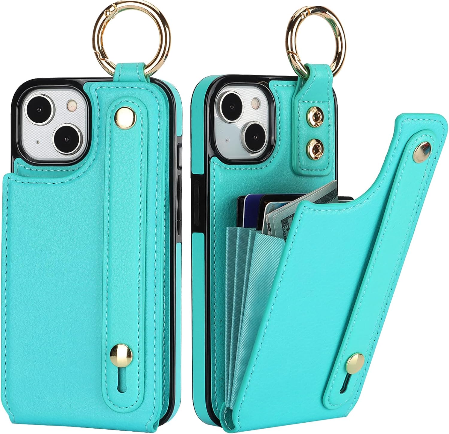 Folosu for iPhone 13/14 Wallet Case with Card Holder, Hand Wrist Strap Loop Holder Kickstand, RFID Blocking Finger Grip Ring PU Leather Double Buttons Shockproof Cover 6.1" Green
