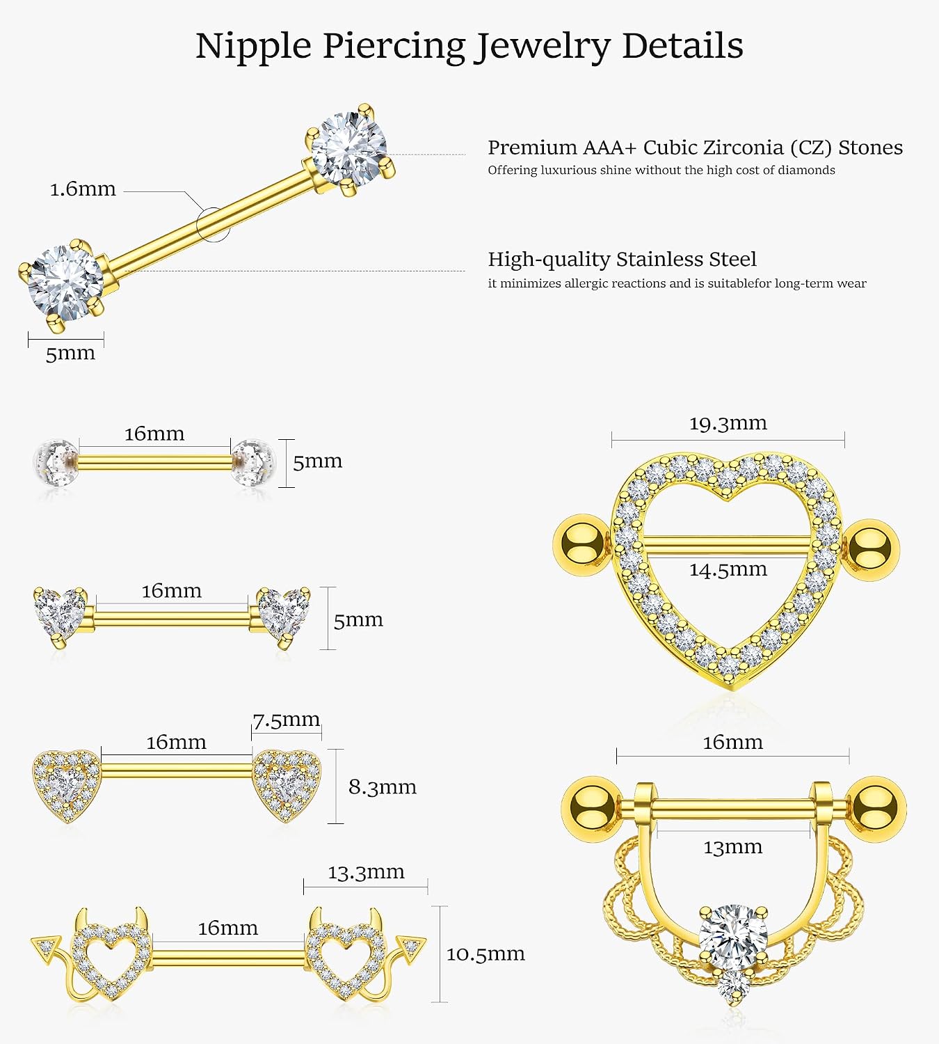 BSJ4U 7 Pairs Nipple Piercing Jewelry 14G Stainless Steel Gold Plated Pink Red Silver Nipple Rings for Women Cute Heart Cherry Nipple Barbells