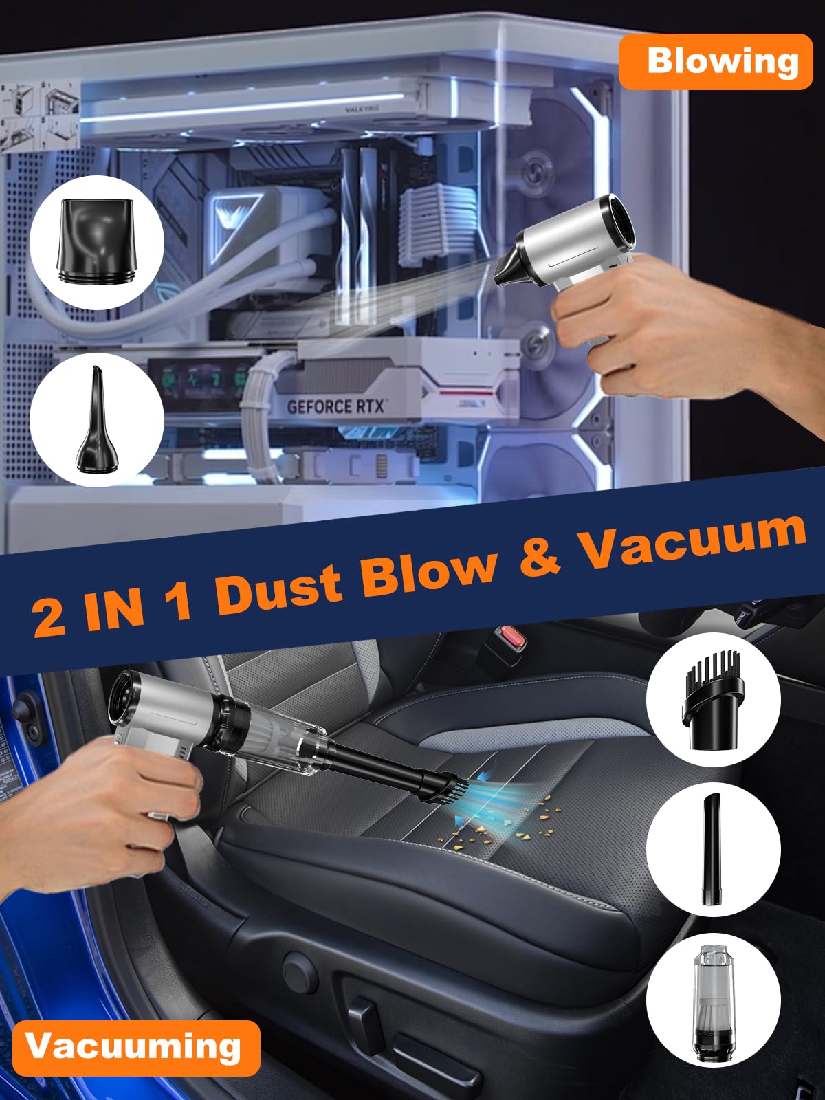 Souffleur Air Comprimé PC, 2 in 1 Souffleur & Aspirateur, 200000 tr/min Grande Vitesse Réglage Infini Bombe Air Sans Fil Puissant avec Batterie 8000mAh, Compucleaner pour Clavier, Voiture, Canapé