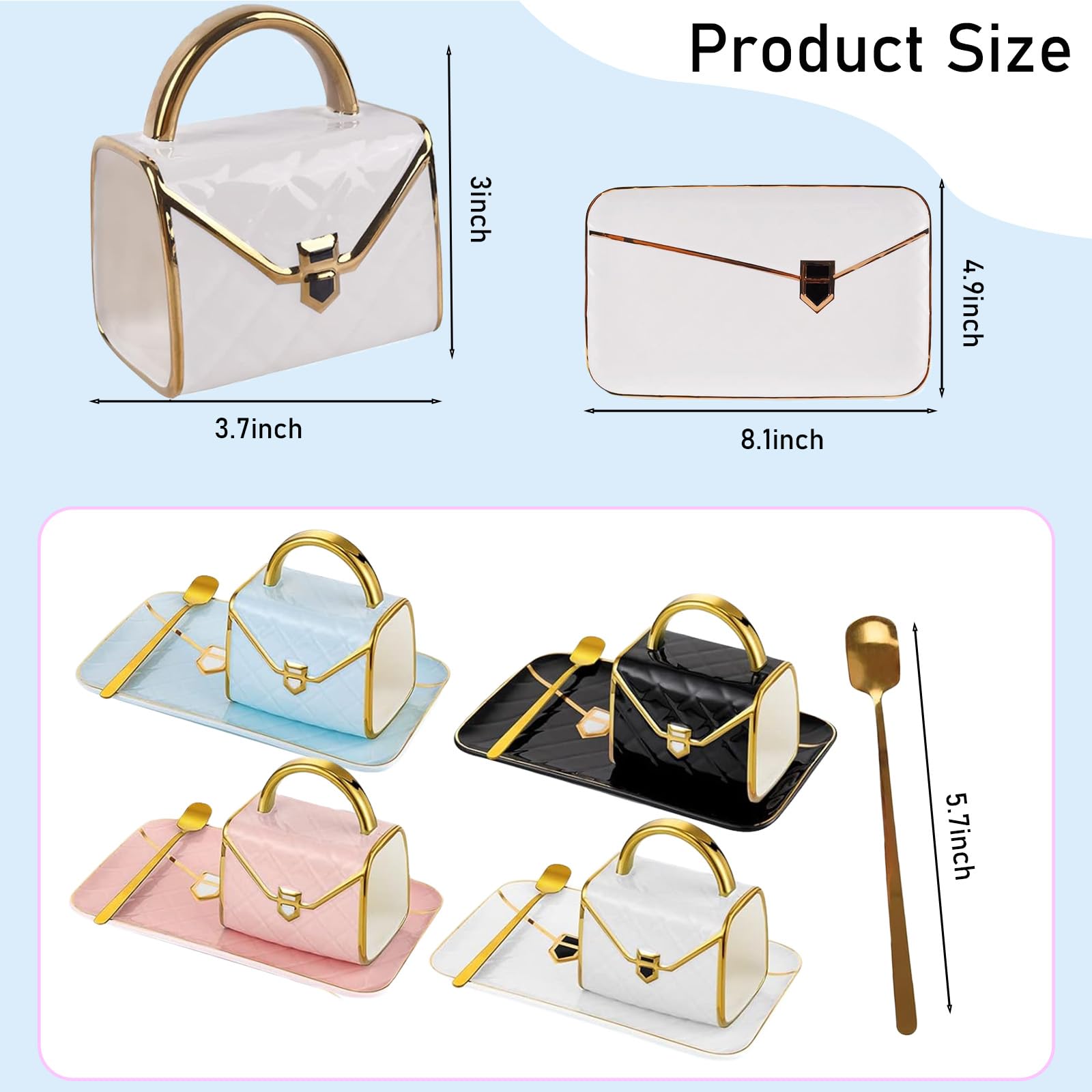 Premium Porzellan Kaffeetassen Set 4er - Handtasche Styling Tassen mit Untertasse & Löffel, 310ml Luxus Cappuccino Tassen, Kreative Geschenkidee für Frauen, Tee & Espresso Set (4 Farben)