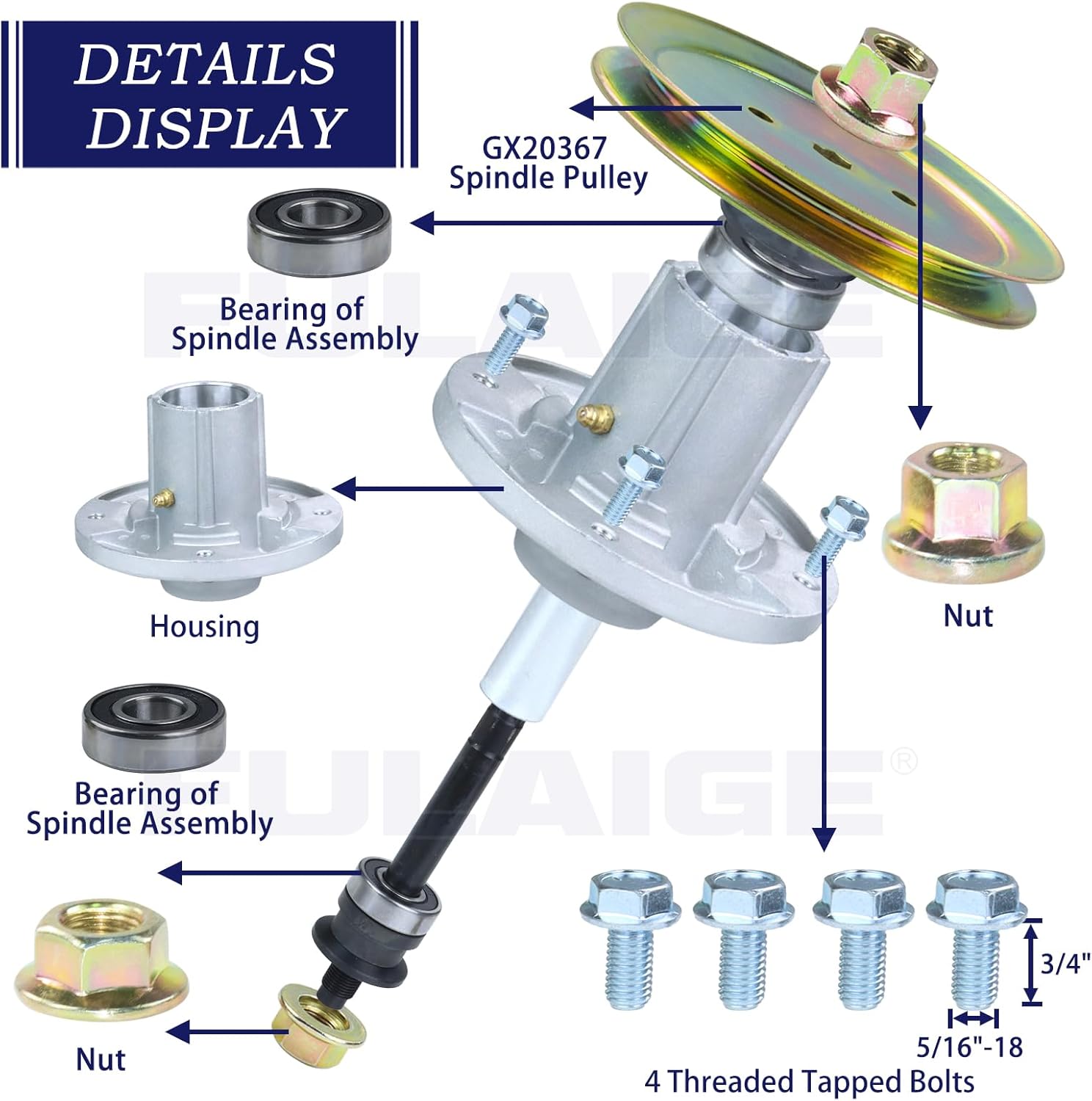 2 Pack GY21098 Spindle Assembly with GX20367 Pulley Replaces AUC15811 Mower Deck Drive Spindle GY20454 GY20962 for John Deere D105 D110 D125 D130 E100 E130 LA105 LA110 S100 42" Lawn Tractors