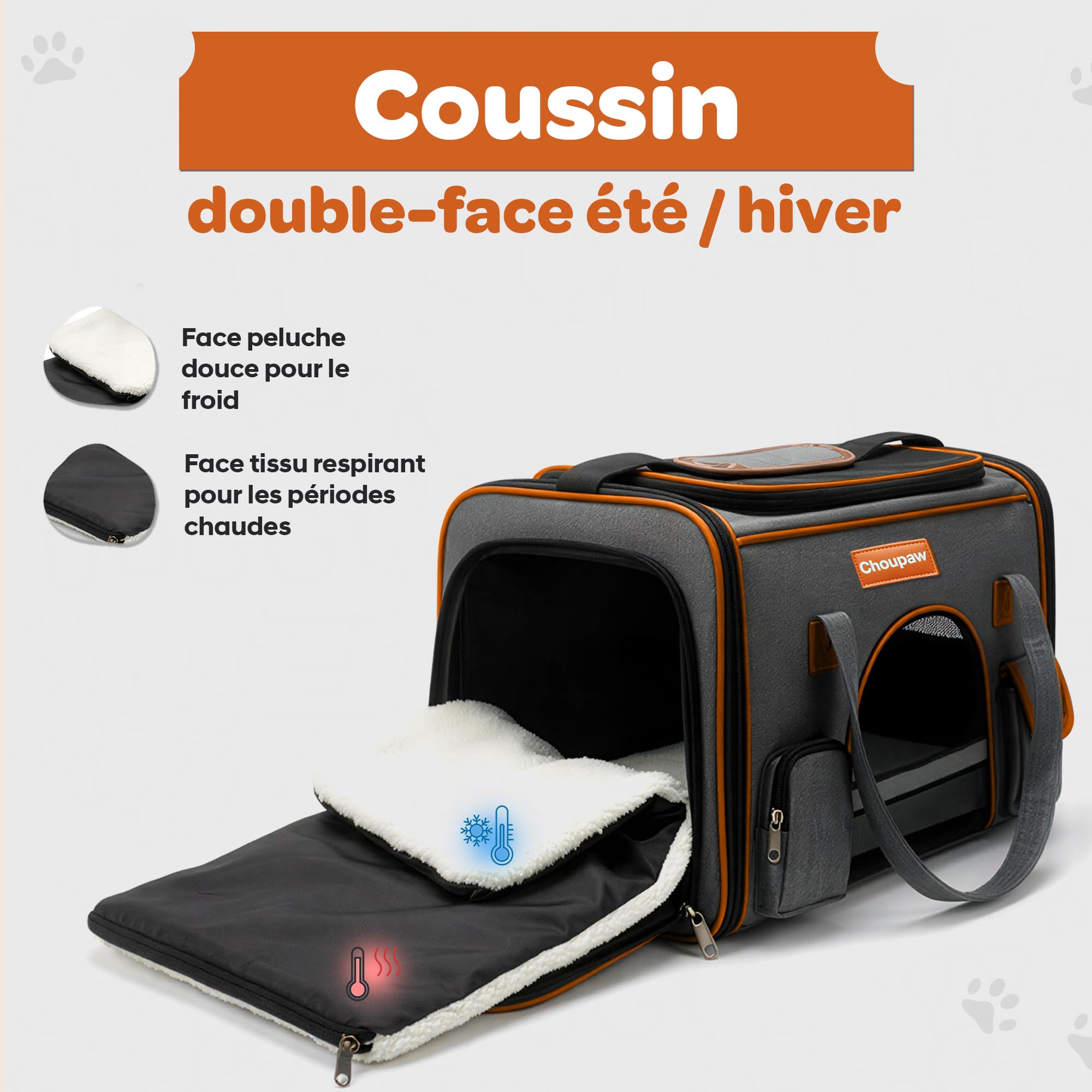 Choupaw Sac de Transport Chien et Chat 45 x 28 x 25 cm, Sac de Transport Cabine Avion Semi-Rigide avec Coussin Réversible Été/Hiver, Laisse Intérieure, Bandoulière Réglable et Bol Pliable Inclus
