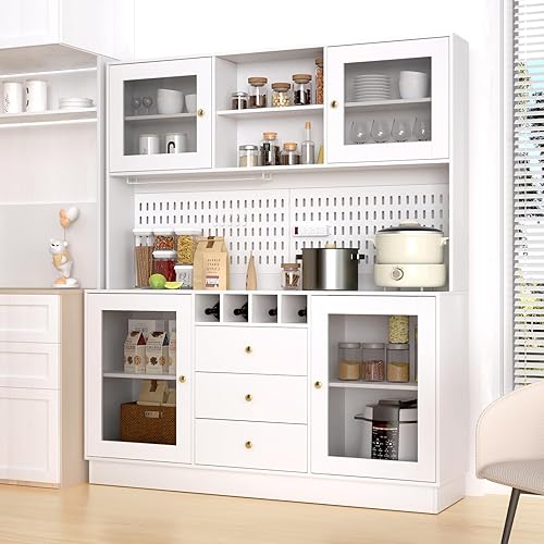 VOWNER Kitchen Hutch Cabinet, Pantry Cabinet, Freestanding Buffet Hutch with Pegboard, Cup Holder, Power Outlet, 4 Doors & 3 Drawers, Cupboard with Microwave Shelf & Wine Racks (White)