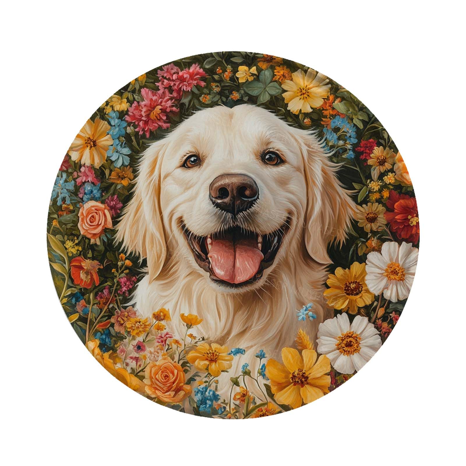 MUYIASER Round Metal Signs Golden Retriever Garden Spring Summer Retro Tin Sign Dog Vintage Sign for Home Indoor Outdoor Garden Yard Bar Wall Decor 12