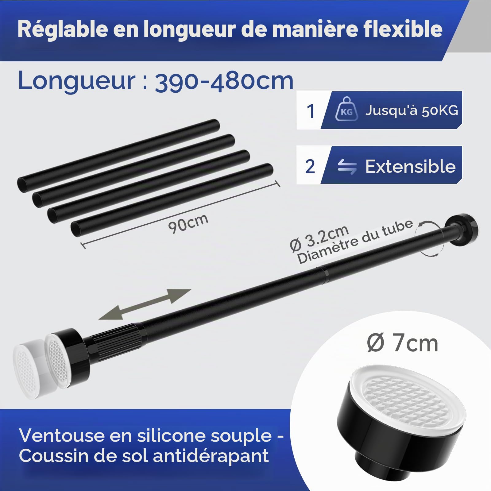 Vista Tringle Rideau sans Percage 32mm de Diamètre Réglable de 390 à 480cm | Tringle Rideau Extensible sans Percage, Antidérapante et Verrouillable Adaptée aux Fenêtres Domestiques