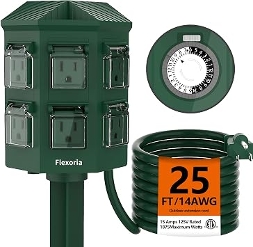Flexora Outdoor Power Strip with 24-Hour Mechanical Timer, 25 FT Extension Cord Waterproof, 6 Grounded Outlets for Graden and Yard Decorations, ETL Listed 25 FT