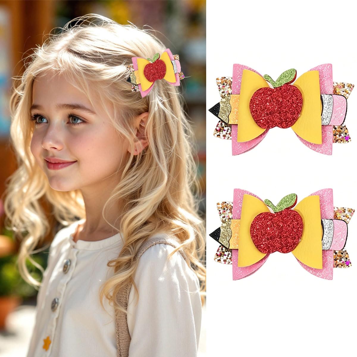 2 Pack Back to School Hair Bow Clips Sparkly Glitter Hair Barrette Alligator Hairpins Red Apple Pencil Design Bows Hair Clips for Back to School Hair Accessories Hairgrip for Kindergarten Student Gift