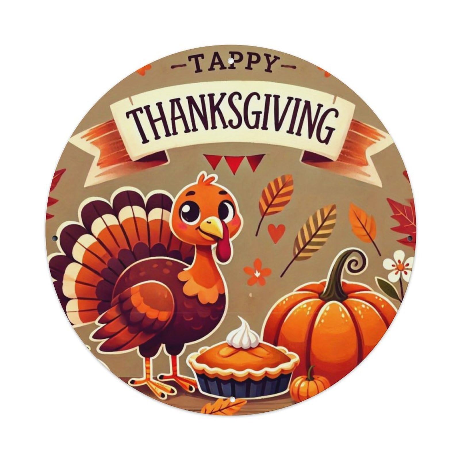 Turkey Pumpkin Pie Leaves Autumn Round Metal Tin Sign Vintage Wall Decor, Bar Garage Cafe Kitchen Home Wall Art Poster 8x8inches