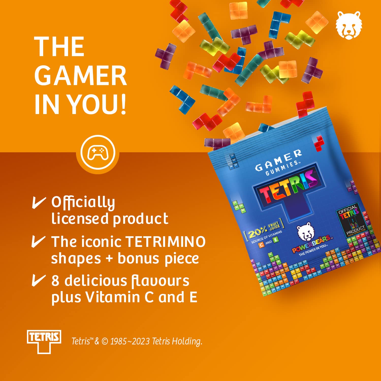 Powerbeärs Gamer Gummies - 50x20g Gummibärchen in Tetris-Formen - Gummibären mit 20% Fruchtsaft und Vitaminen, 8 fruchtige Geschmacksrichtungen