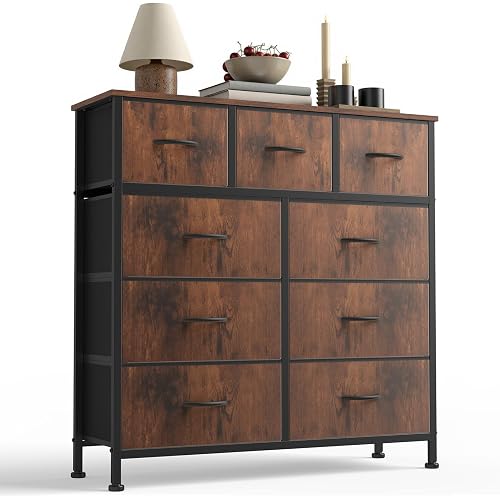 Sweetcrispy 9-Drawer Fabric Dresser Storage Tower with Wood Top and Steel Frame, Organizer Chest with Easy Pull Handles for Bedroom, Closet, Hallway,Distressed Brown