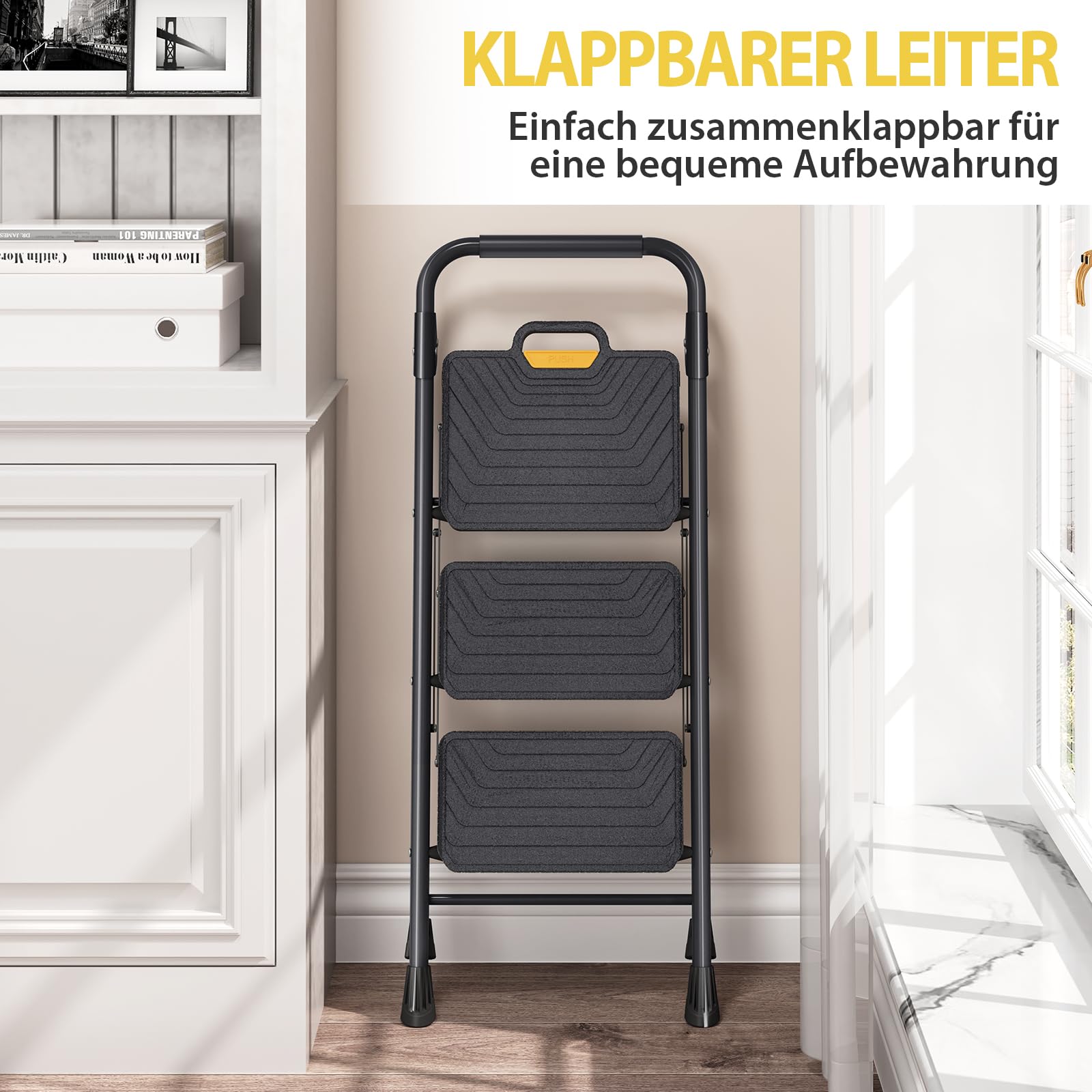 KINGRACK Trittleiter 3 Stufen Klappbar, bis 360 kg belastbar, Klapptritt mit Breiten Anti-Rutsch-Stufen, Stabiler Tritthocker mit Handlauf für Küche & Haushalt, Schwarz