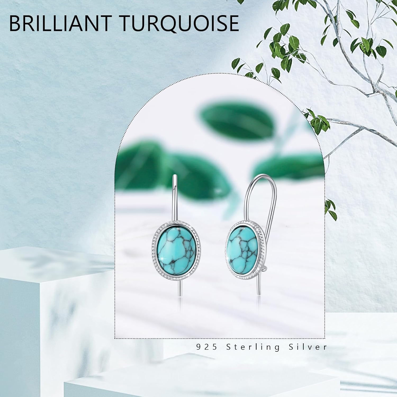 Oval Turquoise Earrings 925 Sterling Silver Turquoise Leverback Drop Dangle Earrings Turquoise for Women Jewelry Idea Jewelry Collection for Her or Yourself - Image 4
