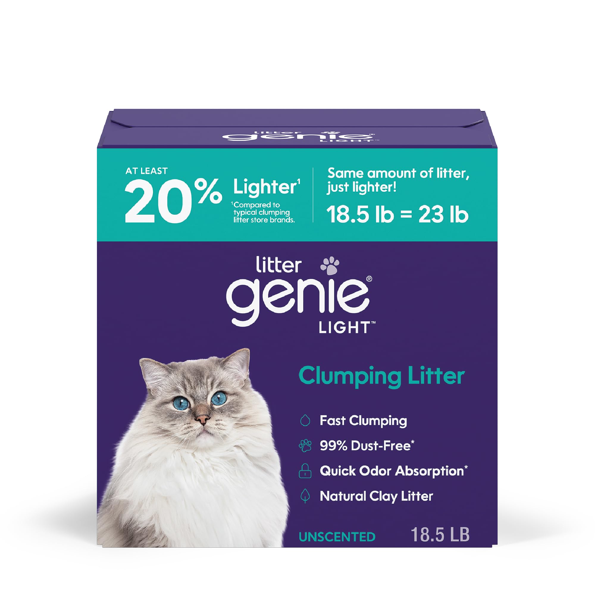 Litter Genie Light Unscented Clumping Cat Litter, 18.5 lbs | Lightweight 20% Lighter Natural Clay | Fast-Clumping, Odor Control, Dust-Free