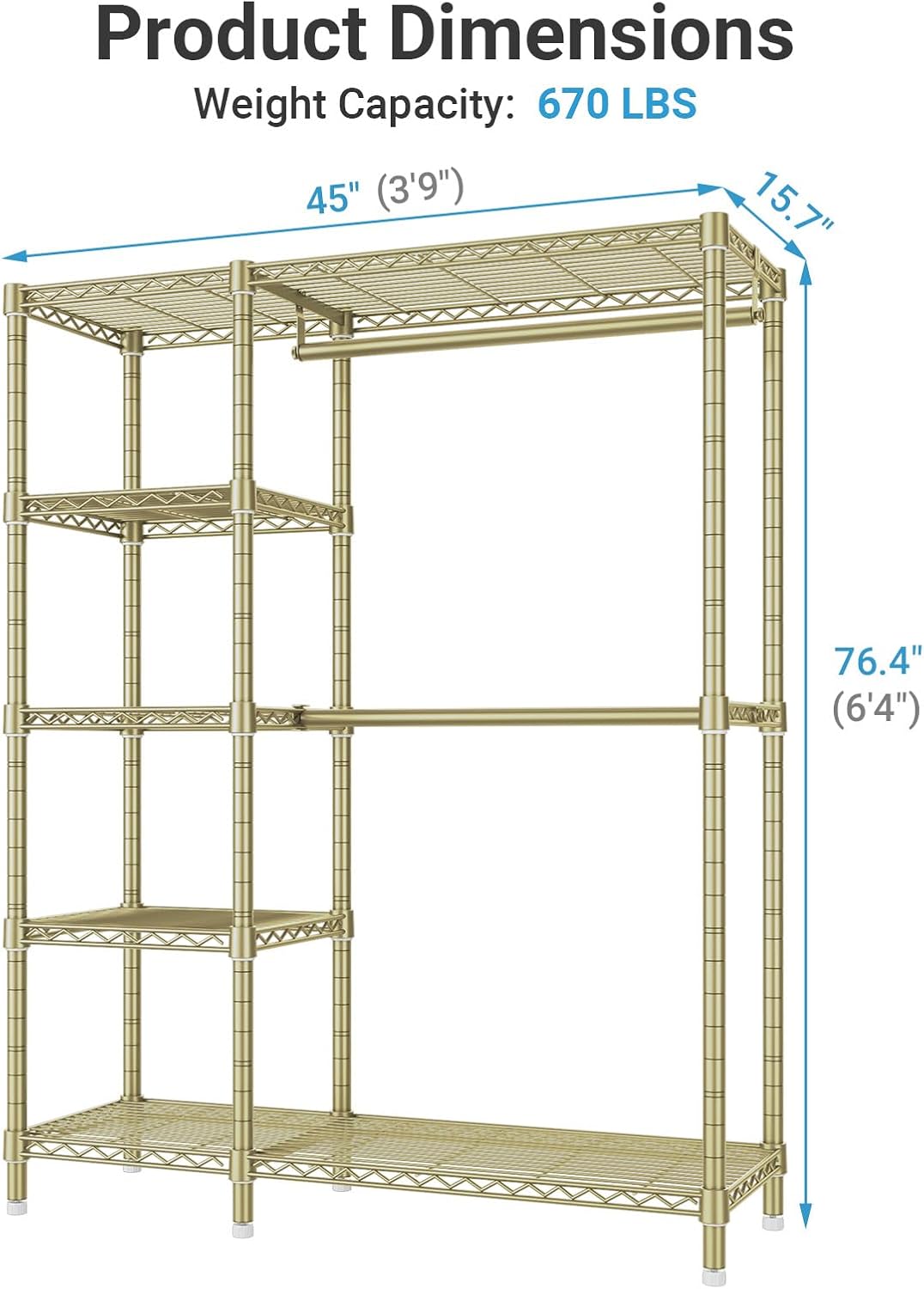 VIPEK V7 Clothes Rack Heavy Duty Max Load 670lbs, Garment Rack with 5 Tiers Adjustable Shelves Portable Closet Metal Sturdy Wardrobe Storage System for Walk-in Closet, Bedroom, Small Space (Gold)