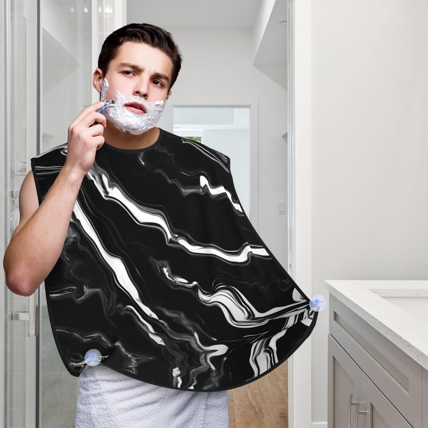 Black White Marble Print Print Beard Bib Apron, Shaving Apron For Dad, Men'S Hair Catcher For Shaving Best Gifts For Dad