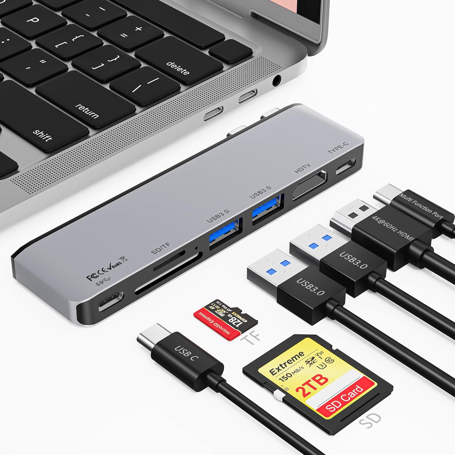 USB C Hub for MacBook, 7 in 2 Multiport Mac USB Adapter, 4K@60Hz USB C Hub Adapter, 1 Type C and 2 USB A Data Ports, Thunderbolt 4, SD/TF Card Reader, Compatible with MacBook Pro/MacBook Air