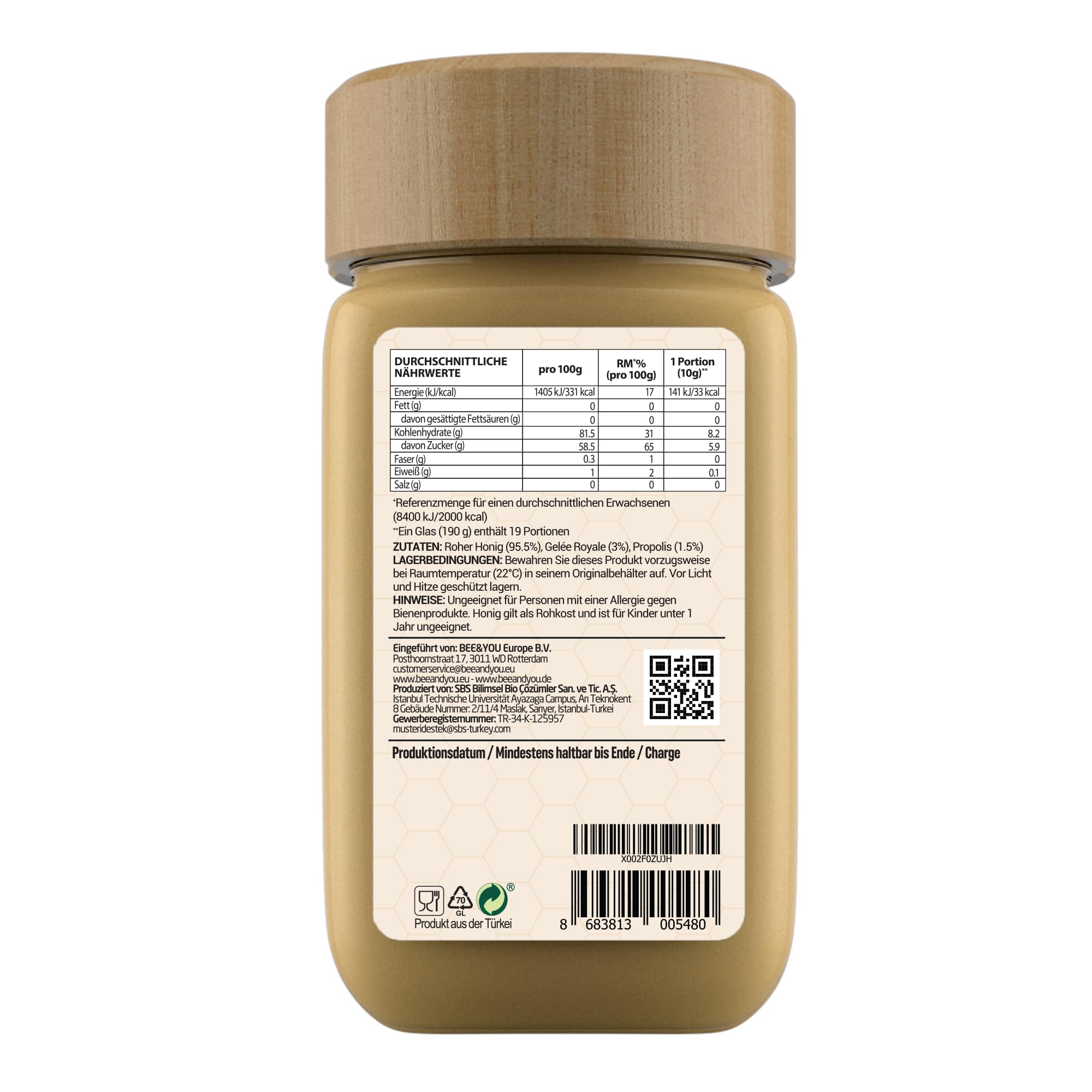 Bee&You Gelee Royale&Propolis in Honig,100% natürlich, ohne Zusatzstoffe,Roher Honig,fairer Handel,natürliche&kontrollierte Zutaten,33 Auszeichnungen, 12 Zertifikate
