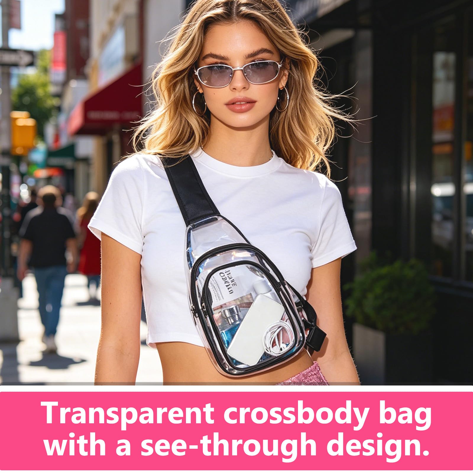 Bolsa de Pecho Transparente de PVC, Aprobado por Estadios Bolso Bandolera Hombre, Bolso Transparente Mujer con Correa Ajustable, Riñonera Resistente Al Aguariñonera para Conciertos Viajes
