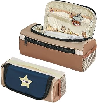 Cute Large Capacity Pencil Case 5 Compartments Pencil Pouch Pen Bag Pencil Box Holder Organizer Aesthetic Special Storage Stationery for Adults Travel Work Office Essentials Brown&Navy Blue