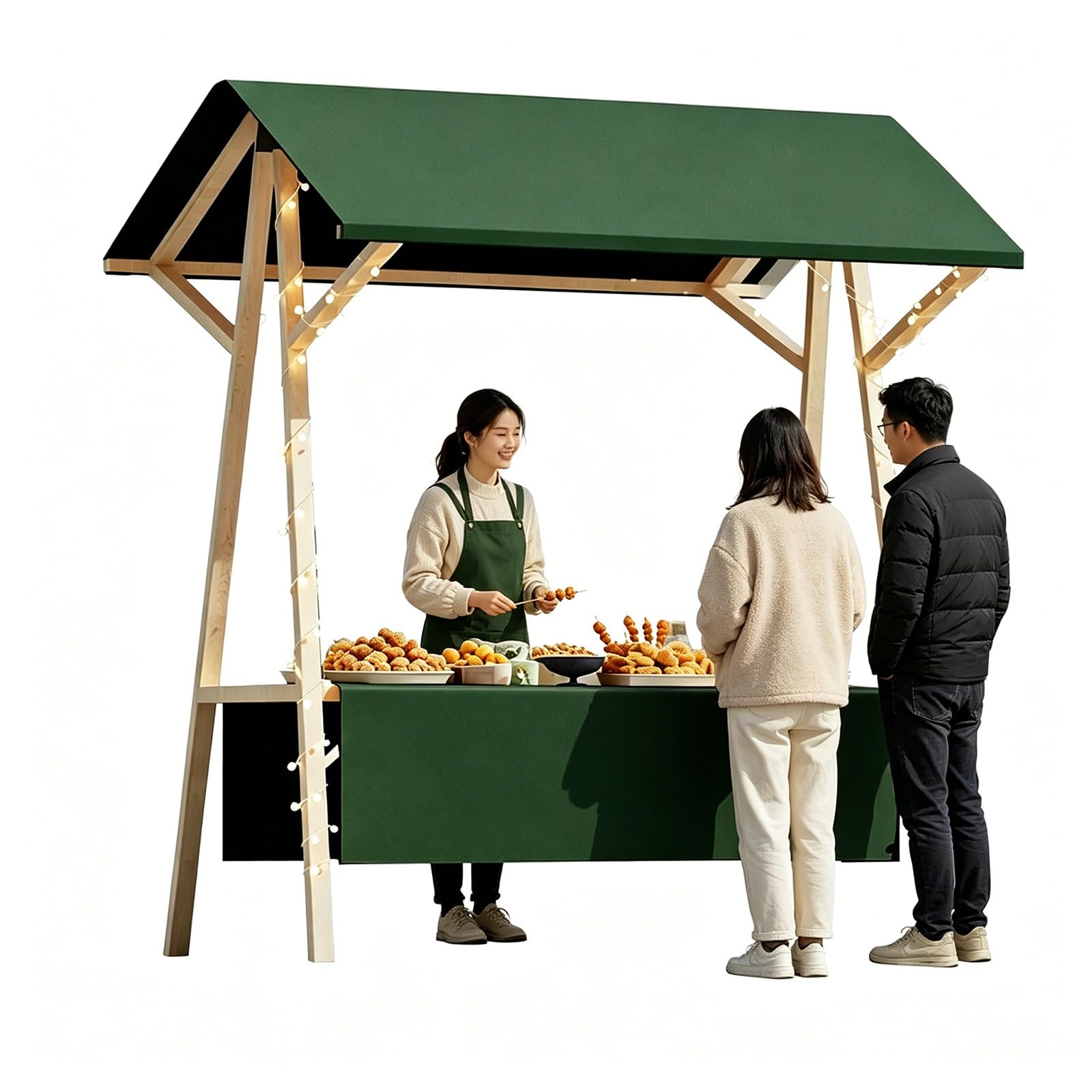 GMBAYUE Portable Food Cart with Canopy, Outdoor Foldable Vendor Cart, Wooden Farmers Market Stalls, Street Vendor Food Cart for Market & Events(Green,59x24x79in/150x60x200cm)