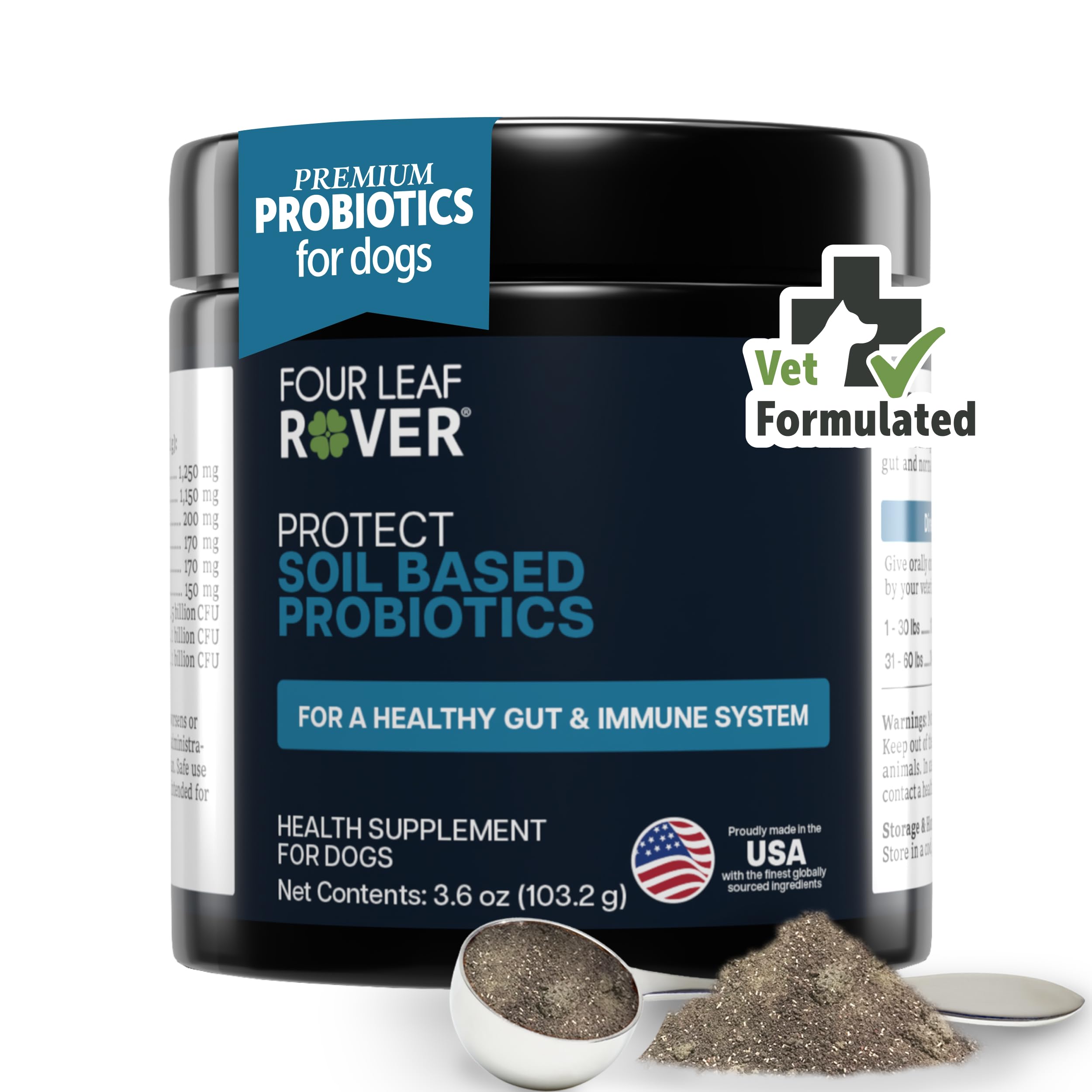 Four Leaf Rover Protect - Probiotics for Dogs - Veterinarian Formulated - with Natural Prebiotics and Antioxidants - Detoxification & Gut Health - 30 Day Large Dog Supply
