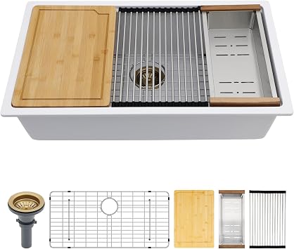 33 Inch White Kitchen Sink Undermount Workstation Granite Composite Quartz Ledge Single Bowl Under Counter Large Deep Classic Sink Basin,33"x19"