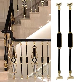 Banister for Staircase Interior2 pcs, Modern Black & Gold Stair Spindles Indoor/Outdoor, Aluminum Metal Railing Baluster for Deck Porch Balcony Spiral Stairs Wooden Steps