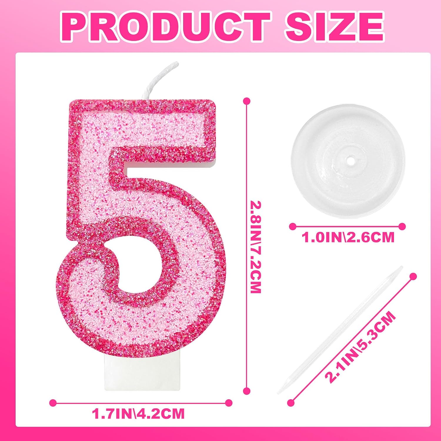 Pink Glitter Number Cake Candle, Sparkly Dual-Tone Pink Cake Topper for Decorative Display