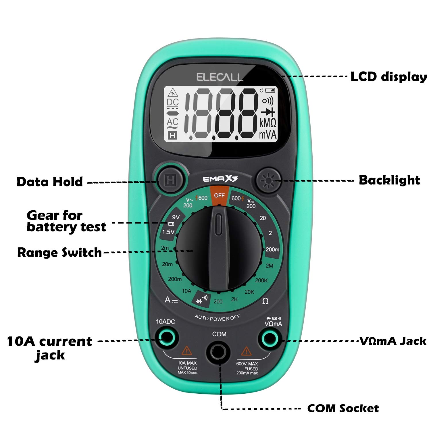 Digital Mini Multimeter Pocket Digital Multimeter with DC AC Voltmeter Battery Tester with Backlight Display,Ohm Volt Amp Test and Diode Tester Meter with Magnet in the Back and Insulated Rubber Case
