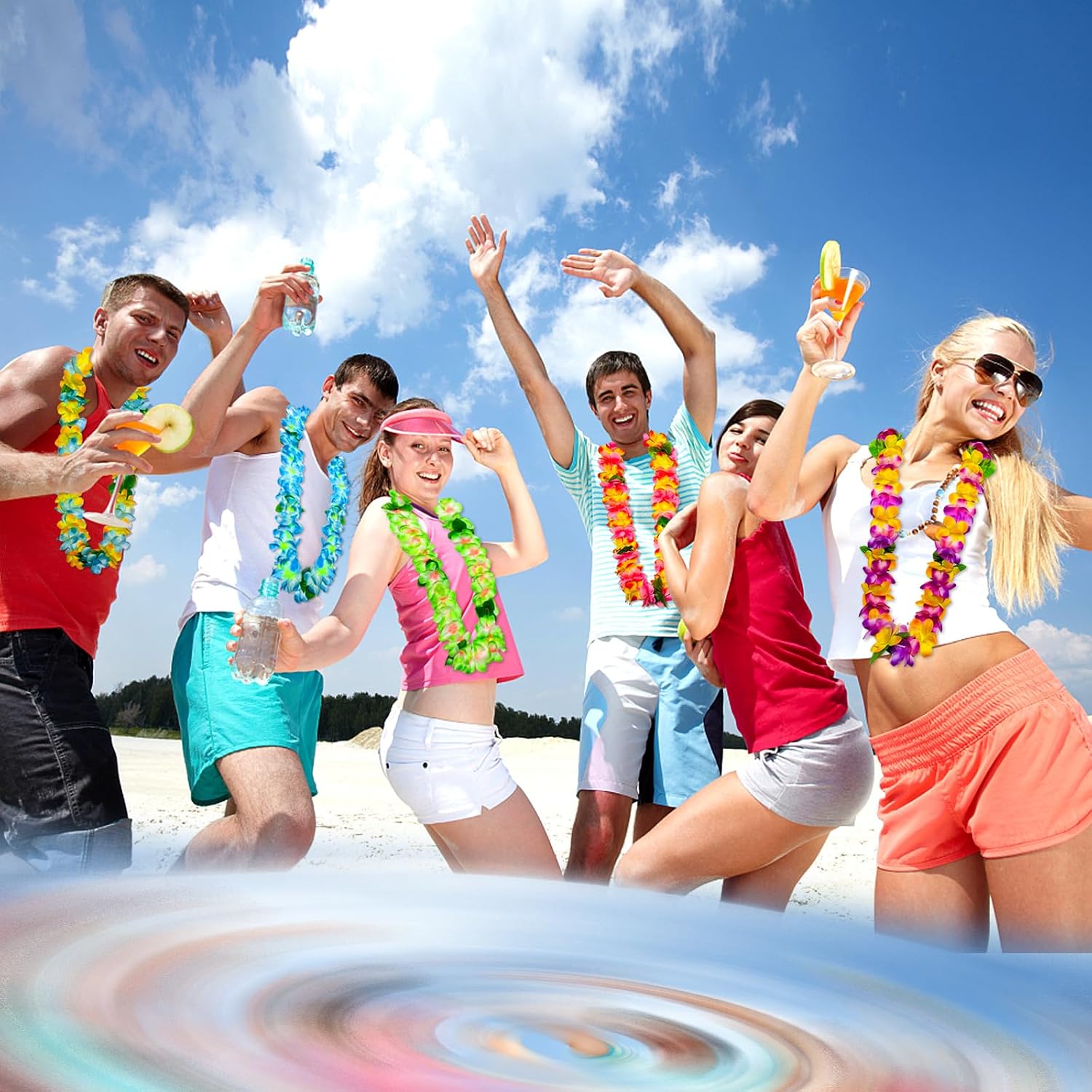 GoodUping 16pcs Hawaiian Leis Party Set with 8 Necklaces and 8 Photo Booth Glasses for Tropical Luau, Summer Beach Birthday, Pool Party Decorations & Favors