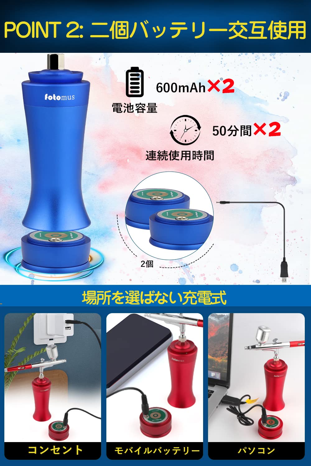 初心者向け＊エアブラシ 充電式 ダブルアクション 未使用 バッテリー式 ケース付 楽天市場】「着後レビューで特典」 エアブラシ ミニ コンプレッサー