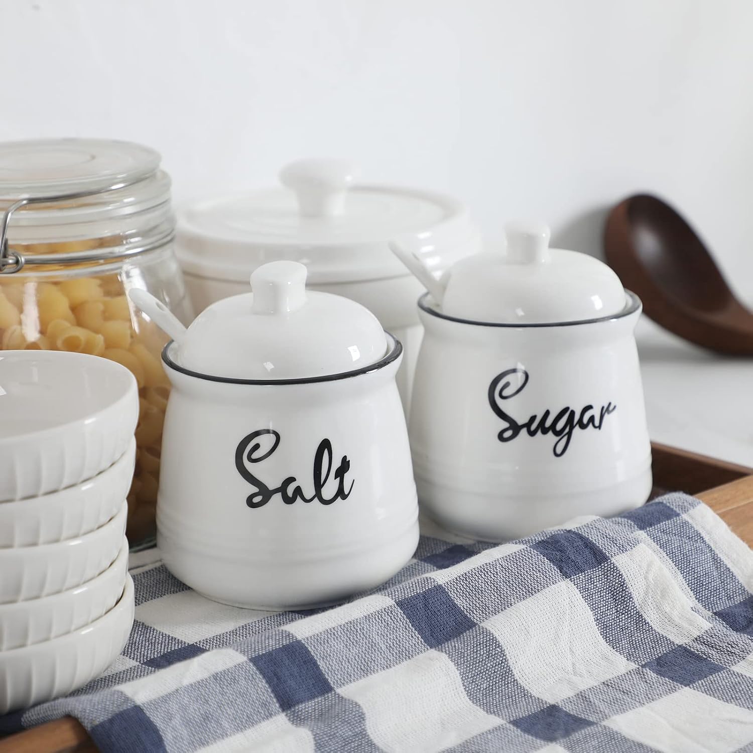 12oz Farmhouse Ceramic Salt and Sugar Bowls Set with Lid and Spoons,Easy to Clean (White)
