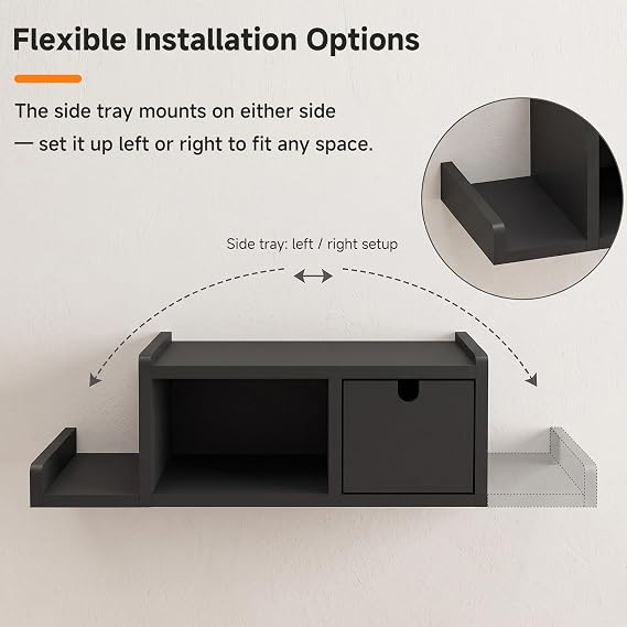Floating Nightstand with Drawer & Open Shelf, Wall Mount, Black