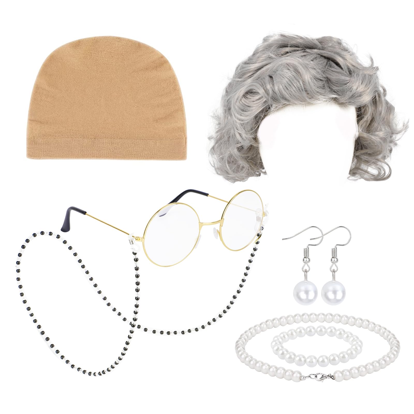 Costume Vieille Dame 5 Pièces – Perruque Grise + Bonnet + Lunettes + Collier Perles + Chaîne – Pour Halloween, Cosplay, Carnaval