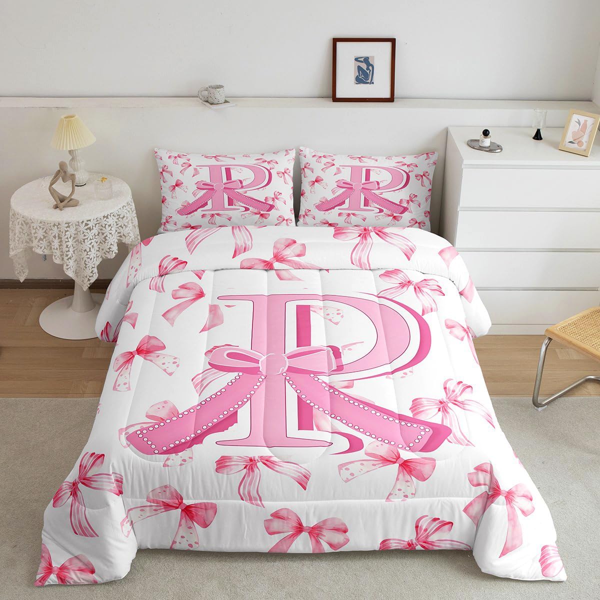 jejeloiu Kids Girls Cute Pink Bow Comforter Set Twin Size Monogrammed Bedding Set Ultra Soft Personalized Initial P Duvet Quilt Coquette Bow Knot Quilt Set Room Decor Modern Fashion Comforter