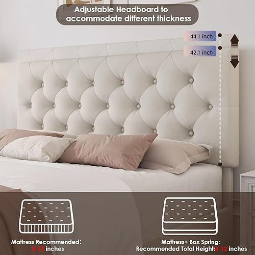 Miniatura 5 de Base de cama de tamaño matrimonial con 4 cajones de almacenamiento y cabecera ajustable, plataforma tapizada con diseño capitoné, soporte de