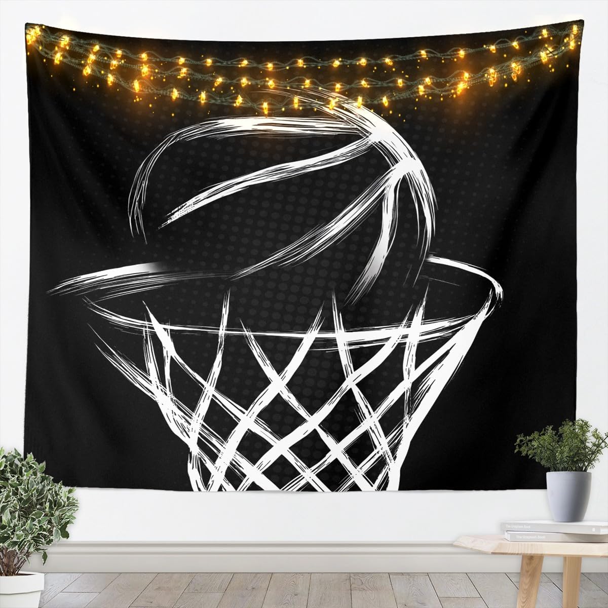 Basketball Hoop Tapestry Abstract Basketball Tapestries for Kids Child Boys Girls,Black and White Wall Hangings Art Competitive Games Teamwork Wall Art Large 59x82,European Sports Ball Room Decor