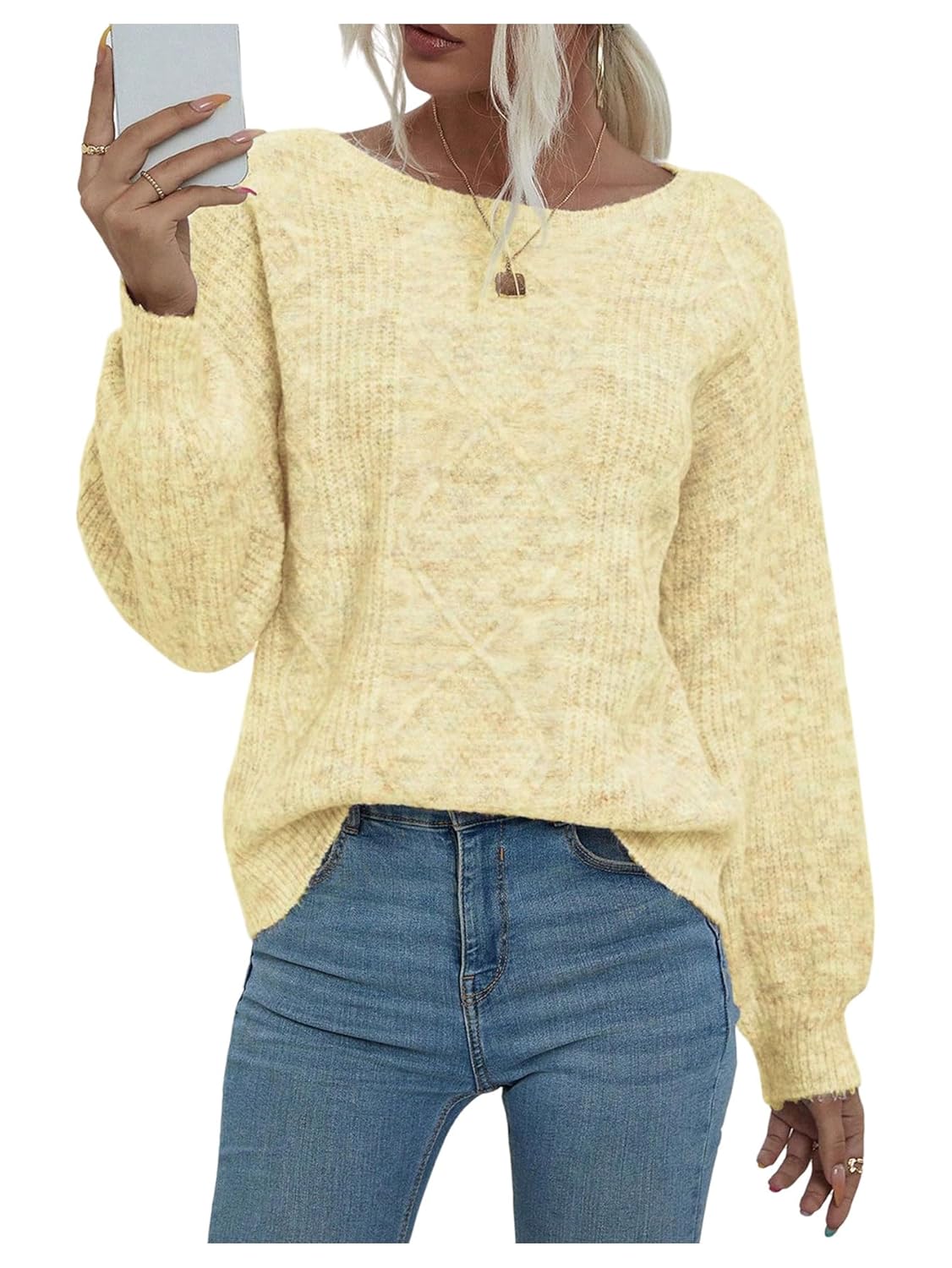 WDIRARA Womens Cable Knit Sweaters Boat Neck Long Sleeve Pullover Jumper Tops