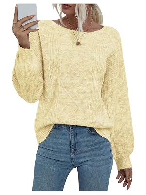 WDIRARA Womens Cable Knit Sweaters Boat Neck Long Sleeve Pullover Jumper Tops