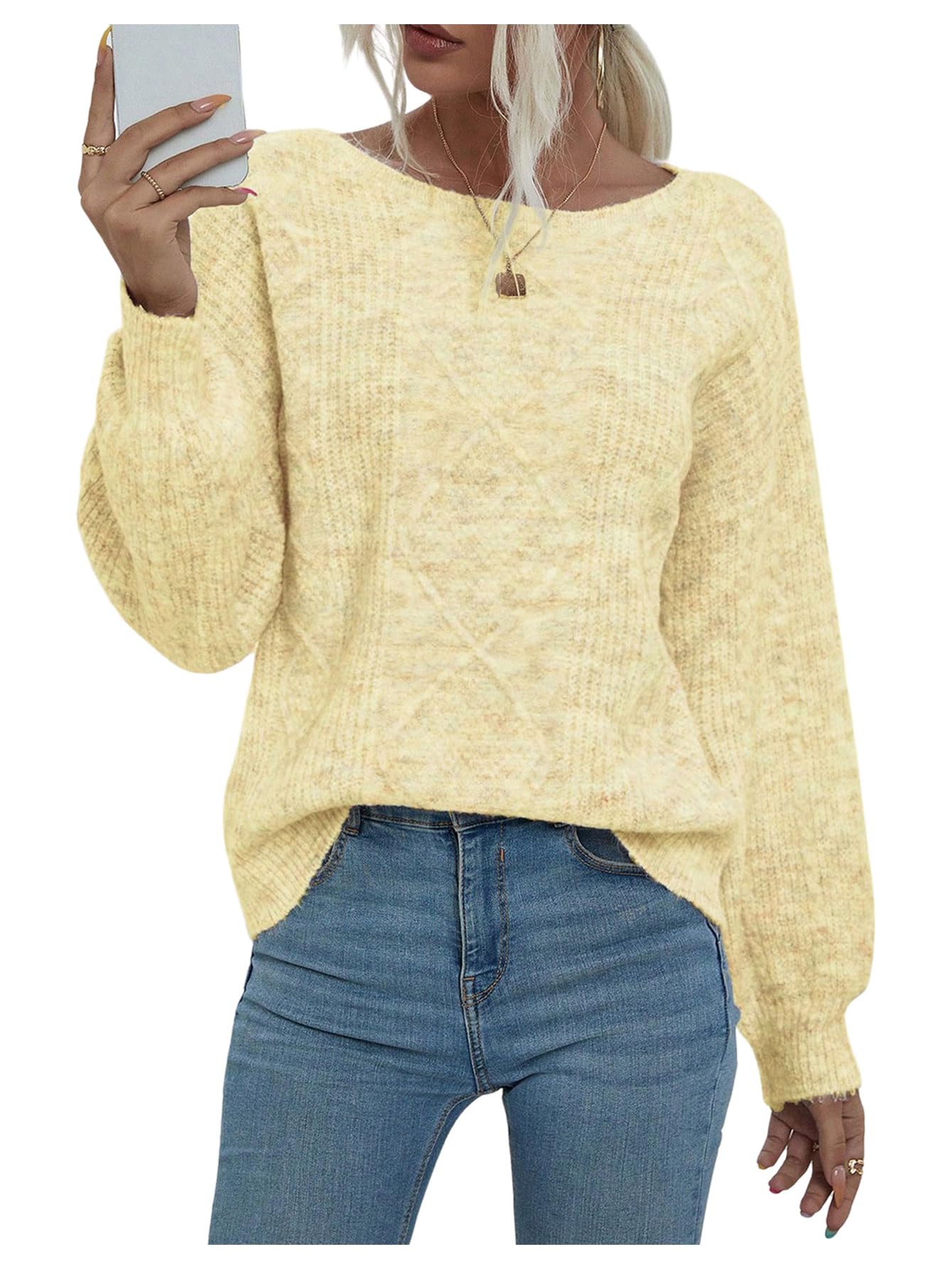 WDIRARA Womens Cable Knit Sweaters Boat Neck Long Sleeve Pullover Jumper Tops