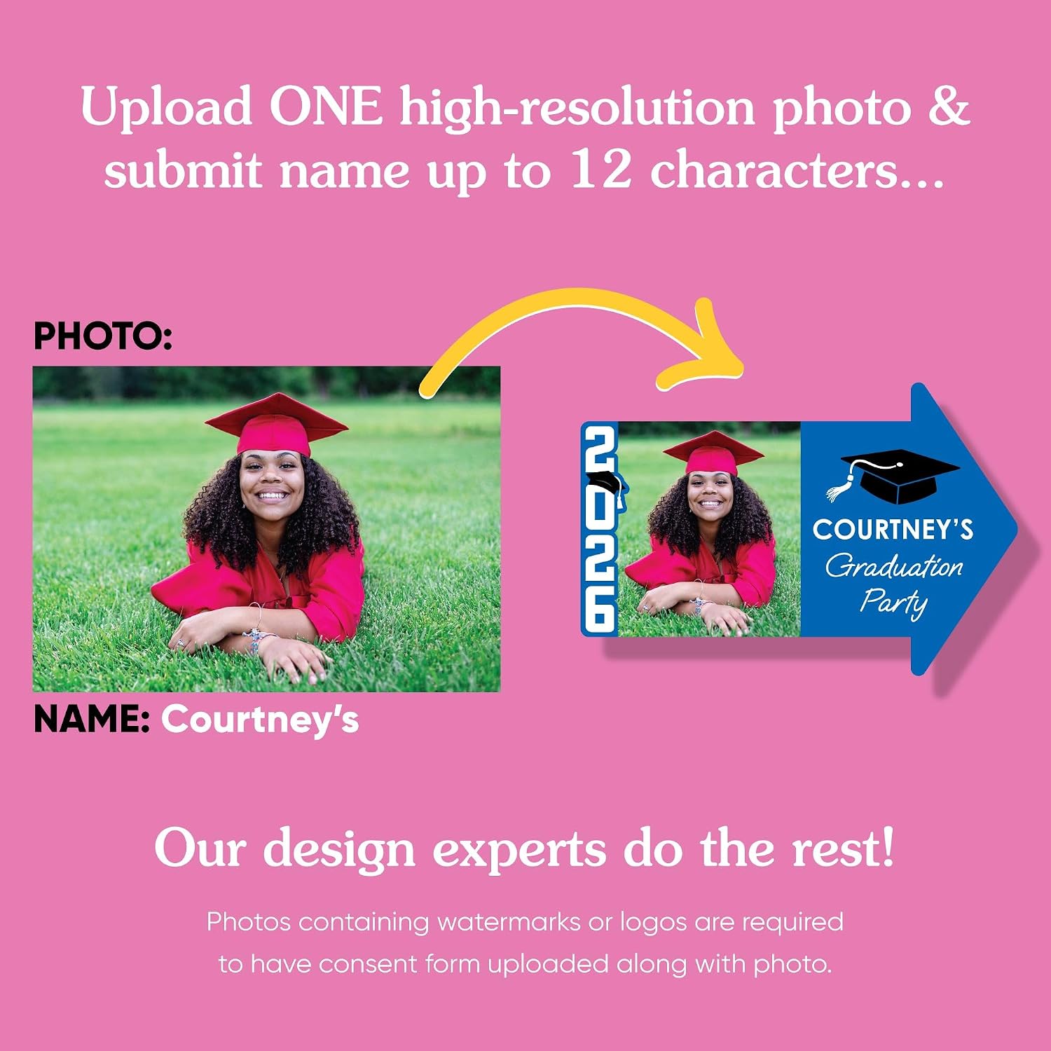Big Dot of Happiness Custom Blue Graduation Arrow Yard Sign with Photo & Name, Personalized Double-Sided Outdoor Directional 2026 Grad Party Sign with Stakes - 1 Pc