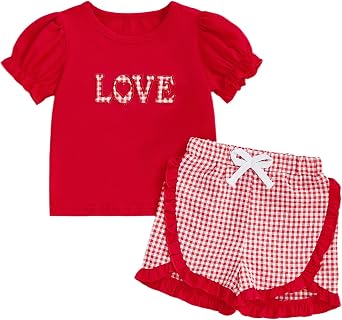 Foidiccx Toddler Babyg Girls Valentines Day Outfits Puff Short Sleeve Crew Neck Heart Embroidery Tops Plaid Shorts Set 2Pcs