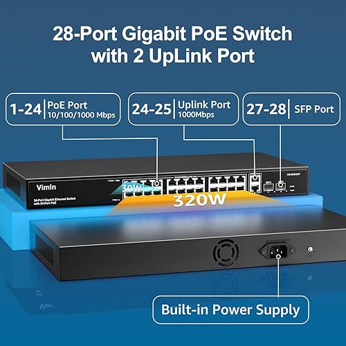 Miniatura 2 de VIMIN Switch PoE Gigabit de 24 puertos no administrado con 2 puertos Gigabit de enlace ascendente y 2 puertos SFP, conmutador PoE Ethernet de 28