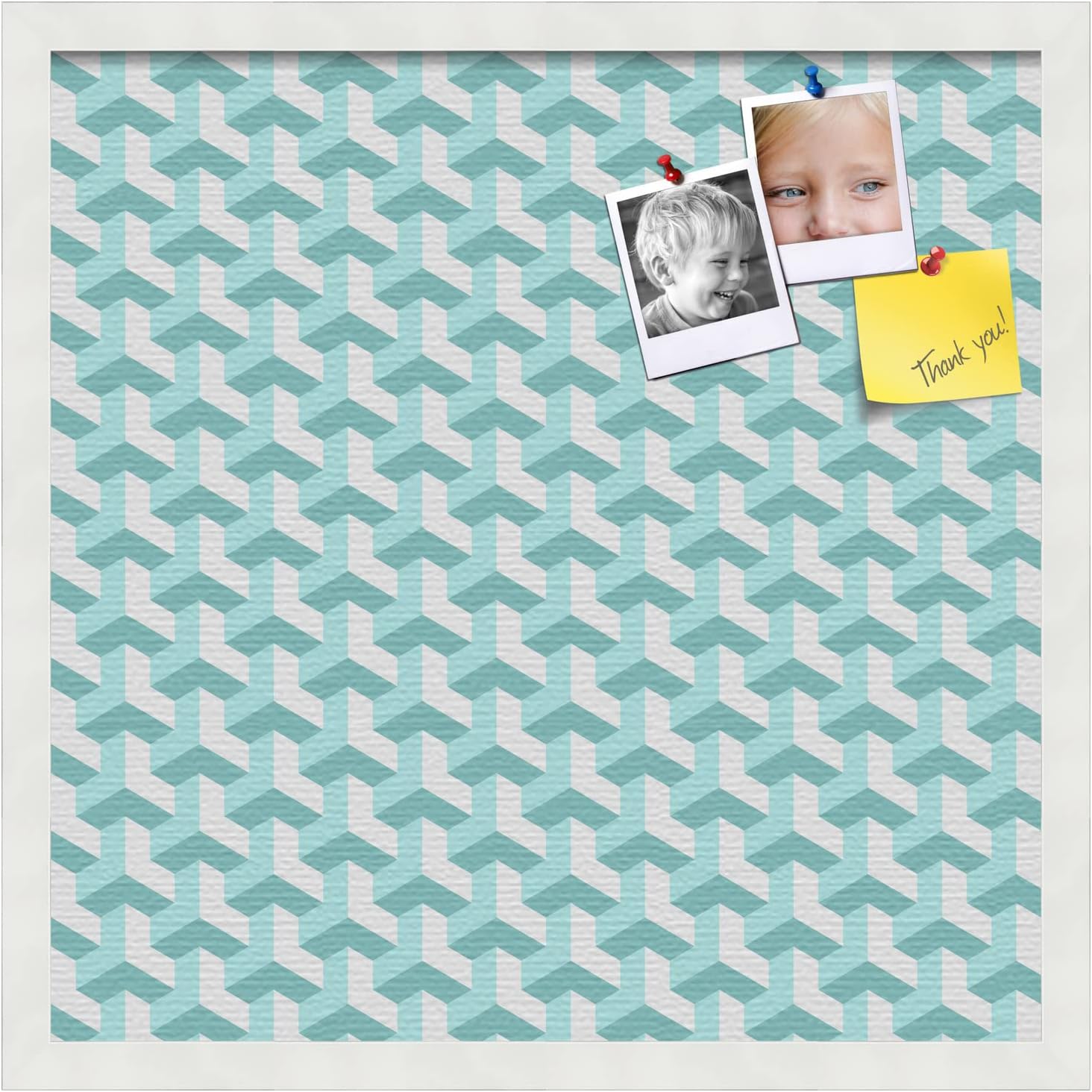 PinPix 20x20 inch Cork Bulletin Board. This Decorative Framed Pin Board Comes with BAUS Aqua Design and Satin White Frame. Ideal for Home, Office Decor or School (PinPix-1626)