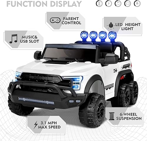 Miniatura 2 de JOYLDIAS Camión para niños de 6 ruedas 12 V con control remoto de 24 G 6 ruedas más grandes suspensión de resorte luces color blanco