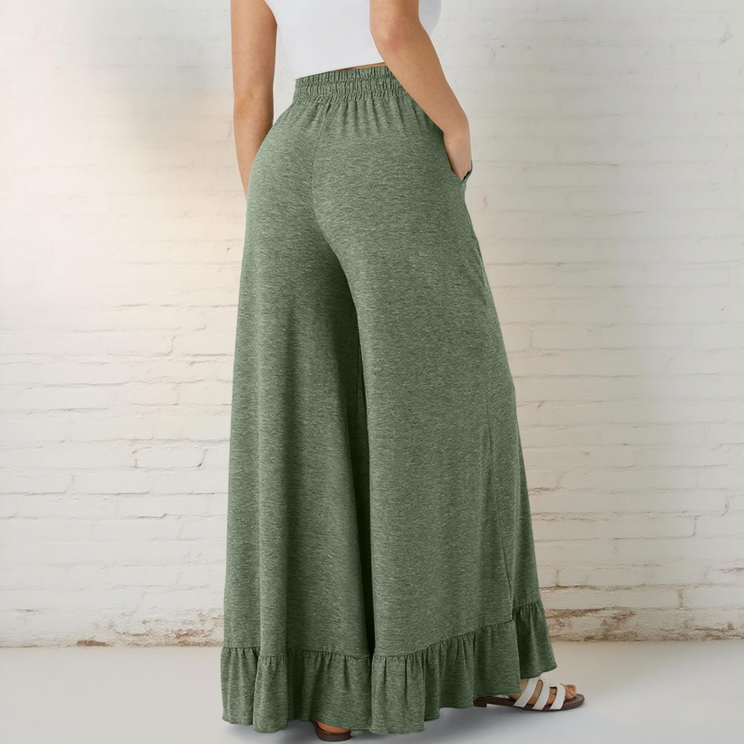 Women Trendy Linen Pants Wide Leg Baggy Flowy Pants Summer Comfy Solid Color Vacation Trousers with Pockets