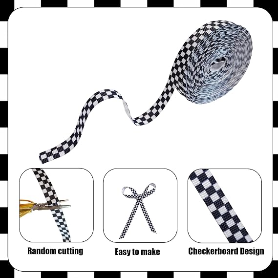 2 Rolls Black and White Checkered Ribbon,Racing Car Theme Black Grosgrain Buffalo Plaid Ribbon for Gift Wrapping,0.39inch Wide*10 Yards/Roll,Ribbons Wrapping for Crafts,Wreath & Racing Cakes Decor